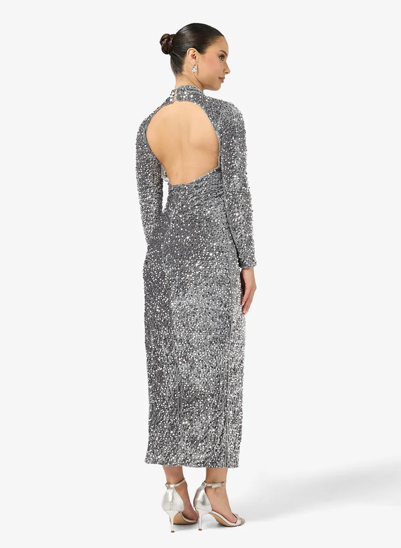 Ginger Sequin Embellished Backless Dress with Slit